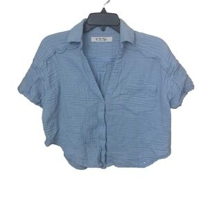 Free People We The Free 100% Cotton Crop Top Collared Loose Fit Size Small Blue